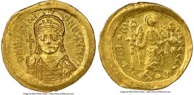 Justinian I the Great (AD 527-565). AV solidus (20mm, 4.47 gm, 6h). NGC MS 5/5 - 4/5, clipped. Constantinople, 6th officina. D N IVSTINI-ANVS PP AVG, ...