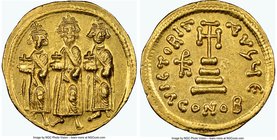 Heraclius (AD 610-641), with Heraclius Constantine and Heraclonas. AV solidus (20mm, 4.39 gm, 5h). NGC MS 5/5 - 3/5, graffito. Constantinople, 5th off...