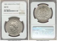 Republic Peso 1883 AU55 NGC, KM29. Scarce date of three year type. Argent gray toning over lustrous surfaces. 

HID09801242017
