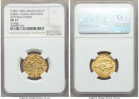 Chios. Anonymous gold Imitative Ducat ND (1382-1400) MS61 NGC, Fr-2c. Imitating a gold Venetian Ducat of Andrea Dandolo. St. Mark standing right, bles...