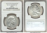 Christian IX 2 Rigsdaler 1863 RH-FK AU55 NGC, Copenhagen mint, KM770 (Mislabeled on holder as KM761). Struck upon the death of Frederick VII, and acce...