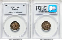 George V Proof 6 Pence 1911 PR66 PCGS, KM815, S-4014. Beautifully toned in shades of teal and gray, rose and gold toning further enhance the appearanc...