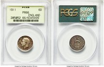 George V Proof 6 Pence 1911 PR66 PCGS, KM815, S-4014. Reflective fields enhanced by golds, green and red on obverse and charcoal toned reverse. 

HID0...