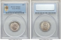 George V 6 Pence 1912 MS65 PCGS, KM815. Mottled taupe gray toning over Lustrous surfaces. 

HID09801242017
