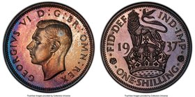 George VI Proof Shilling 1937 PR66 PCGS, KM853, S-4082. English reverse with beautiful blue, rose and violet toning. 

HID09801242017