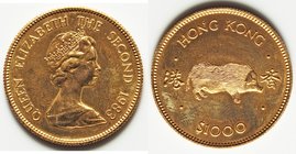British Colony. Elizabeth II gold "Year of the Pig" 1000 Dollars 1983 UNC, KM51. Prooflike and choice, minimal hairlines. 28.2mm. 16.07gm. AGW 0.4708 ...