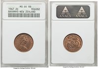 Elizabeth II Mint Error - Bahamas Mule 2 Cents ND (1967) MS64 Red and Brown ANACS, KM33. Mule of New Zealand 2 Cents (Reverse) ND 1967 KM33 with Baham...