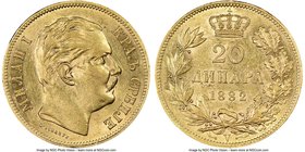 Milan I gold 20 Dinara 1882-V AU55 NGC, Vienna mint, KM17.1. Type I with "God protect Serbia" on edge. AGW 0.1867 oz. 

HID09801242017