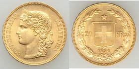 Confederation gold 20 Francs 1894-B UNC, Bern mint, KM31.3. 20.9mm. 6.45gm. Honey gold color with full mint bloom. 

HID09801242017