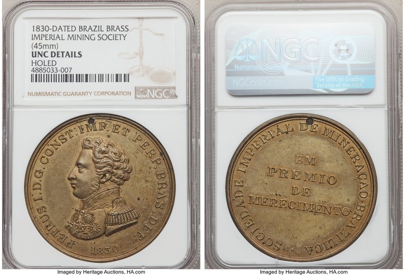Pedro I brass "Imperial Mining Society" Medal 1830 UNC Details (Holed) NGC, VC-2...