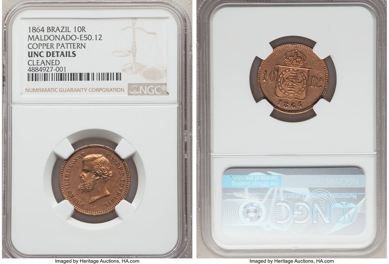 Pedro II copper Pattern 10 Reis 1864 UNC Details (Cleaned) Brown NGC, Bentes-E49...