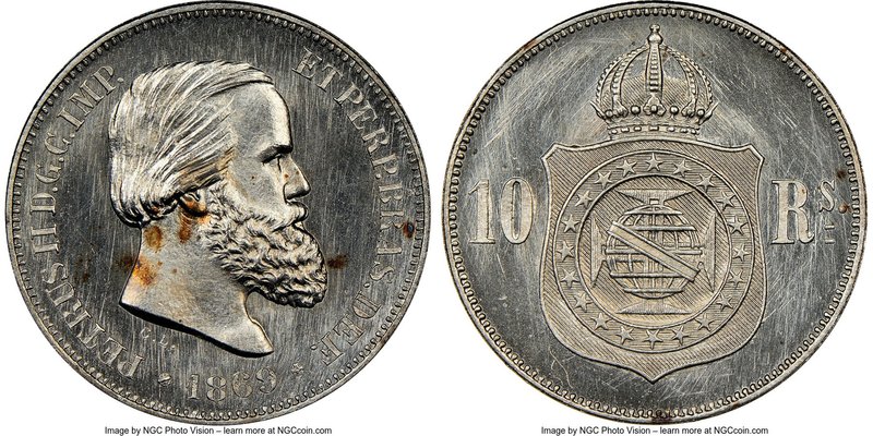 Pedro II copper-nickel Pattern 10 Reis 1869 MS65 NGC, Bentes-E49.15. Mislabeled ...