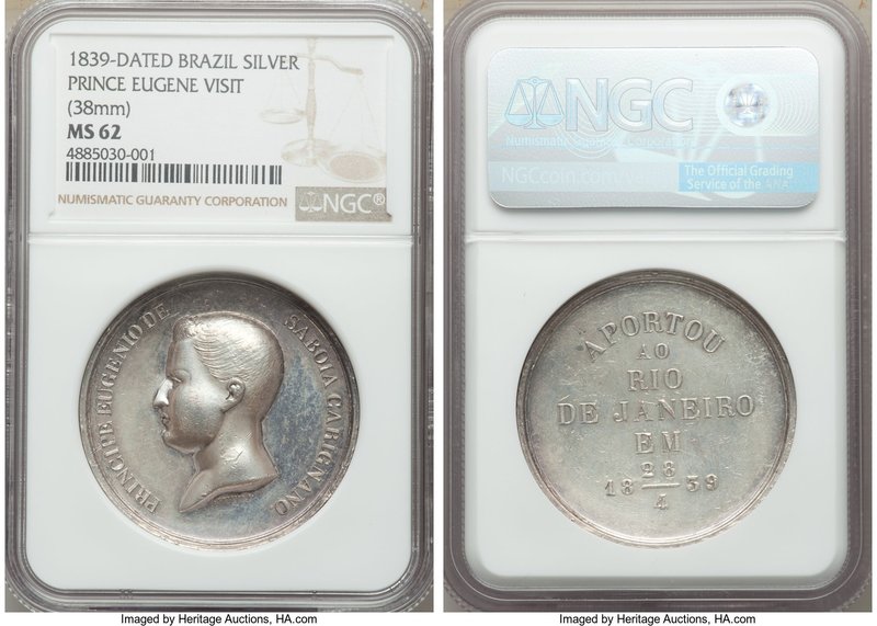 Pedro II silver "Prince Eugene of Savoia Carignano Visit" Medal 1839 MS62 NGC, M...