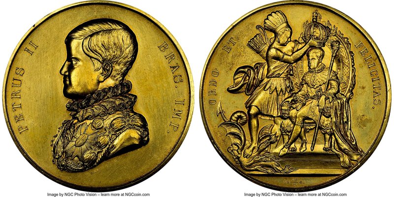 Pedro II gilt-bronze Azevedo Coronation Medal 1841 MS62 NGC, 60mm. From the Dres...