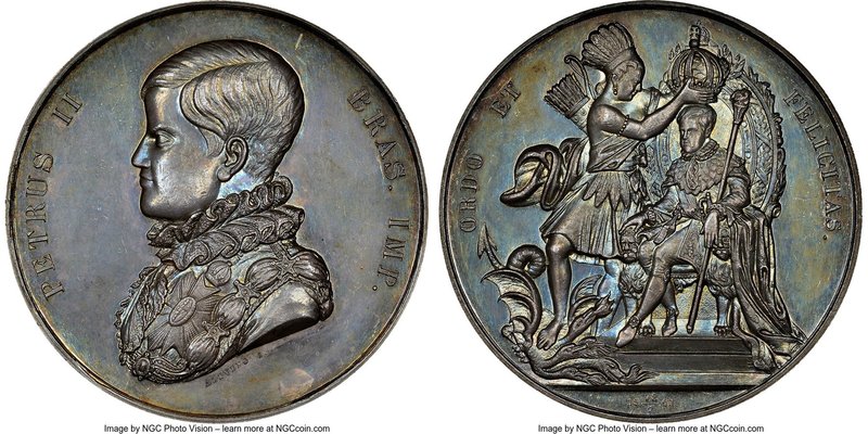 Pedro II silver Azevedo Coronation Medal 1841 MS64 NGC, Meili-20, VC-34. 60mm. F...