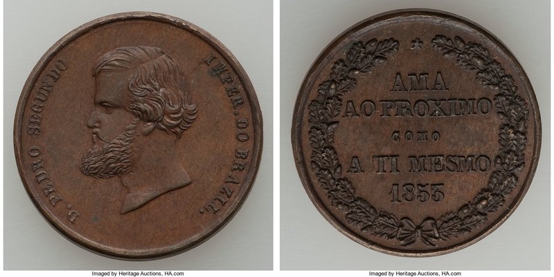 Pedro II bronze "Humanity" Medal 1853 UNC, 23mm. 6.86gm. The reverse translates ...