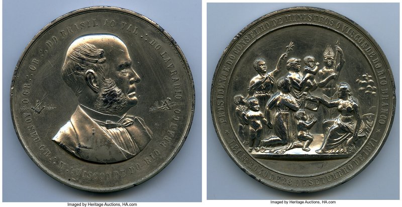 Pedro II silver "Masonic Abolitionist" Medal 1871 AU/UNC (Cleaned, Rim Damage), ...