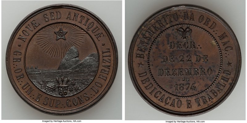 Pedro II bronze "Masonry" Medal 1874 Choice UNC (Residue), Meili-144. 35mm. 19.4...