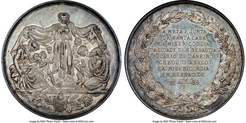 Pedro II silver "Asym of Mercy" Medal 1889 MS62 NGC, Cornucopia privy mark on ed...