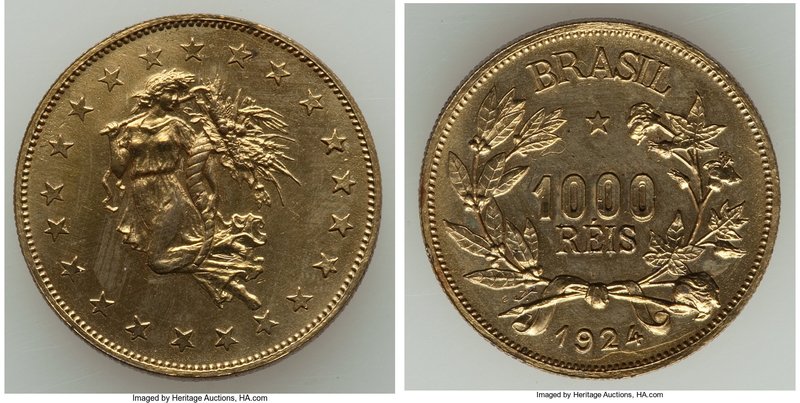 Republic copper Pattern 1000 Reis 1924 UNC (Heavily Polished), LMB-E222. 27mm. 7...