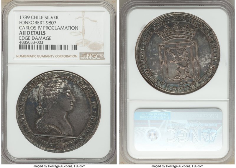 Charles IV silver Proclamation Medal 1789 AU Details (Edge Damage) NGC, Fonrober...