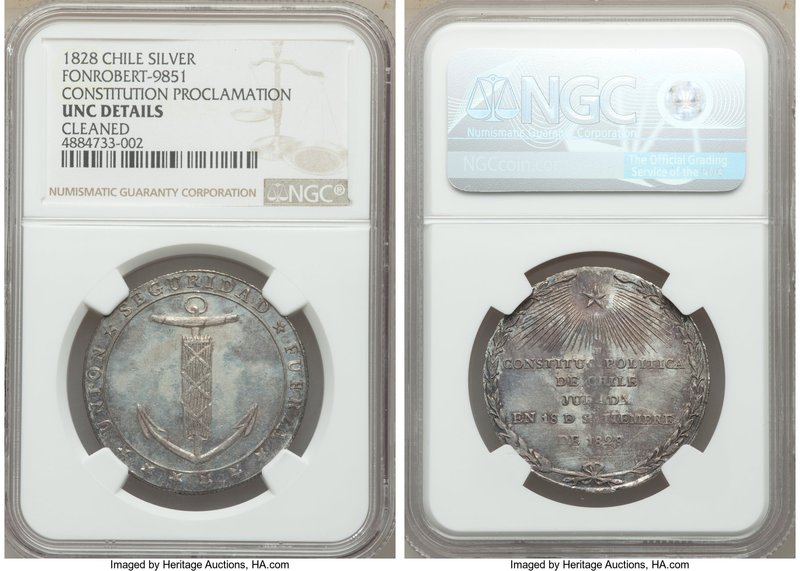 Republic silver "Constitution Proclamation" Medal 1828 UNC Details (Cleaned) NGC...