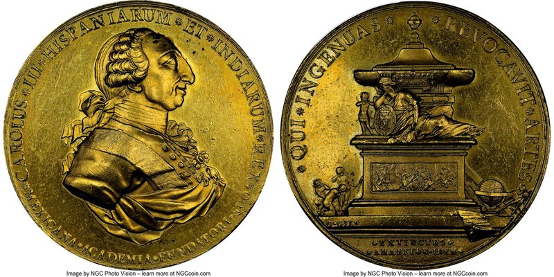 Charles III gilt-bronze "San Carlos Academy" Medal 1788 MS62 NGC, Grove-K-84b. 6...