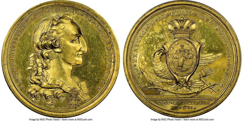 Charles IV gilt-bronze Proclamation Medal 1789 MS63 NGC, Grove-C-3B. 46mm. From ...
