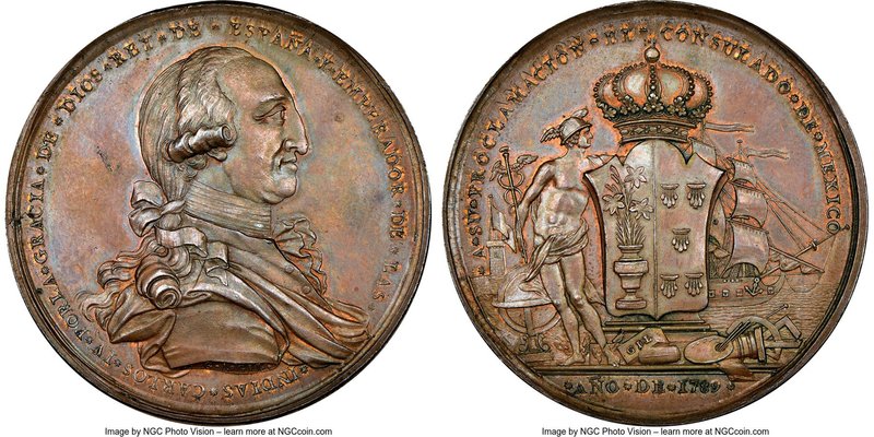 Charles IV bronze "Consulate of Mexico" Proclamation Medal 1789 MS65 Brown NGC, ...