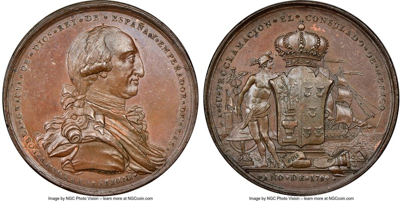 Charles IV bronze "Consulate of Mexico" Proclamation Medal 1789 MS62 NGC, Grove-...