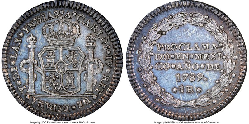 Charles IV silver Real-Sized Mexico City Proclamation Medal 1789 MS65 NGC, Grove...