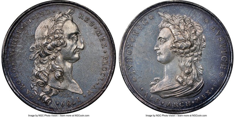 Charles IV silver Proclamation Medal 1789 MS62 NGC, Grove-C-20a. 39mm. From the ...