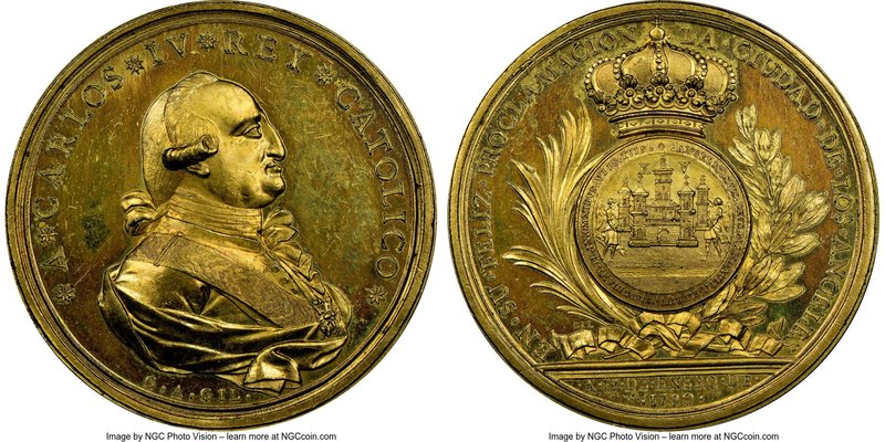 Charles IV gilt-bronze Puebla Proclamation Medal 1790 MS62 NGC, Grove-C-122a. 48...