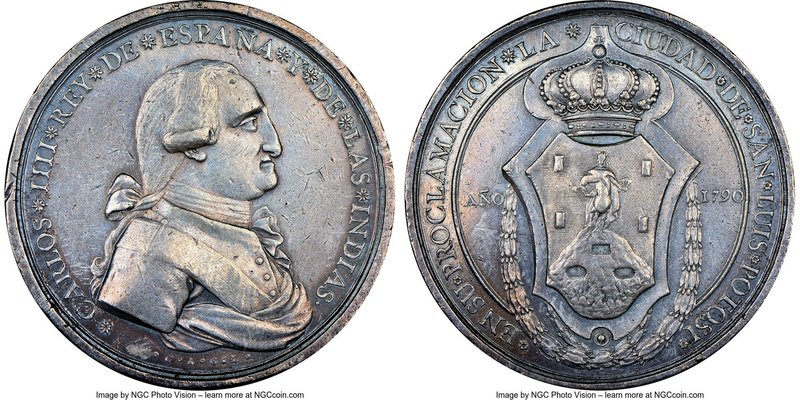 Charles IV silver San Luis Potosi Proclamation Medal 1790 AU58 NGC, Grove-C-176....