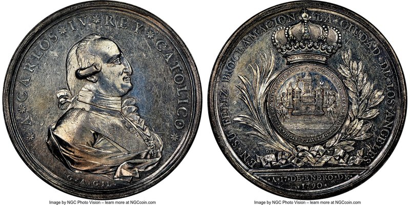 Charles IV silver La Ciudad de Los Angeles Proclamation Medal 1790 AU55 NGC, Gro...