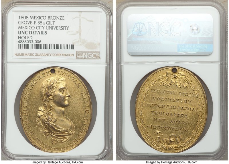 Ferdinand VII gilt-bronze "Mexico City University" Proclamation Medal 1808 UNC D...