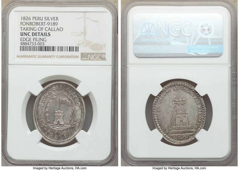 Republic silver "Taking of Callao" Medal 1826 UNC Details (Edge Filing) NGC, Fon...