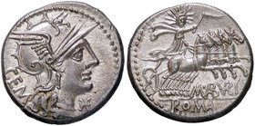 ROMANE REPUBBLICANE - ABURIA - M. Aburius M. f. Geminus (132 a.C.) - Denario - Testa di Roma a d. /R Il Sole su quadriga verso d. B. 6; Cr. 250/1 (AG ...