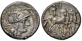 ROMANE REPUBBLICANE - ACILIA - M. Acilius M. f. (130 a.C.) - Denario - Testa di Roma a d. /R Ercole su quadriga verso d. B. 4; Cr. 255/1 (AG g. 3,87)D...