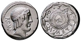 ROMANE REPUBBLICANE - CAECILIA - M. Caecilius Q. f. Q. n. Metellus (82-80 a.C.) - Denario - Testa di Apollo a d. /R Scudo macedone in corona d'alloro ...
