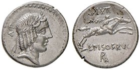 ROMANE REPUBBLICANE - CALPURNIA - L. Calpurnius Piso Frugi (90 a.C.) - Denario - Testa di Apollo a d., dietro, LV /R Cavaliere a s. regge una palma, s...