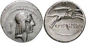 ROMANE REPUBBLICANE - CALPURNIA - C. Calpurnius Piso L. f. Frugi (67 a.C.) - Denario - Busto di Apollo a d. /R Cavaliere a d. regge una palma Cr. 408 ...