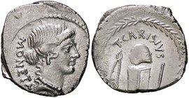 ROMANE REPUBBLICANE - CARISIA - T. Carisius (46 a.C.) - Denario - Testa di Giunone moneta a d. /R Arnesi per battere moneta in corona d'alloro B. 1; C...