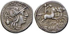 ROMANE REPUBBLICANE - CASSIA - C. Cassius (126 a.C.) - Denario - Testa di Roma a d.; dietro, urna votiva /R La Libertà su quadriga verso d. B. 1; Cr. ...
