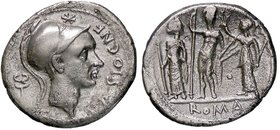 ROMANE REPUBBLICANE - CORNELIA - Cn. Cornelius Blasio Cn. F. (112-111 a.C.) - Denario - Testa elmata di Scipione a d., dietro, caduceo /R Giove stante...