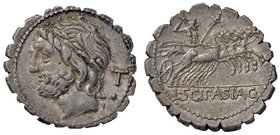 ROMANE REPUBBLICANE - CORNELIA - L. Cornelius Scipio Asiagenus (106 a.C.) - Denario serrato - Testa di Giove a s., T e globetto dietro la testa /R Gio...