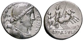 ROMANE REPUBBLICANE - FARSULEIA - L. Farsuleius Mensor (75 a.C.) - Denario - Busto della Libertà a d.; dietro, un cappello frigio /R Roma su biga a d....