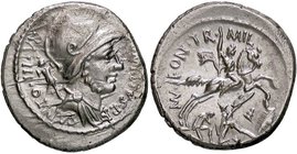 ROMANE REPUBBLICANE - FONTEIA - P. Fonteius P. f. Capito (55 a.C.) - Denario - Busto di Marte a d. con trofeo sulla spalla /R Cavaliere verso d.; sott...
