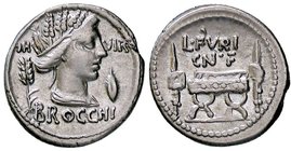 ROMANE REPUBBLICANE - FURIA - L. Furius Cn. F. Brocchus (63 a.C.) - Denario - Testa di Cerere a d.; davanti un chicco d'orzo, dietro una spiga /R Sedi...