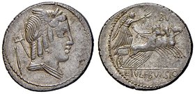 ROMANE REPUBBLICANE - JULIA - L. Julius Bursio (85 a.C.) - Denario - Testa di Apollo Vejovis a d.; dietro, tridente e scettro /R La Vittoria su quadri...